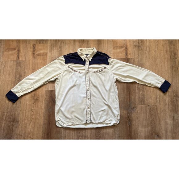 Vintage The J. Peterman Co Ivory Blue Pearl Snap Western Shirt Top  Mens Size XL - Picture 3 of 14